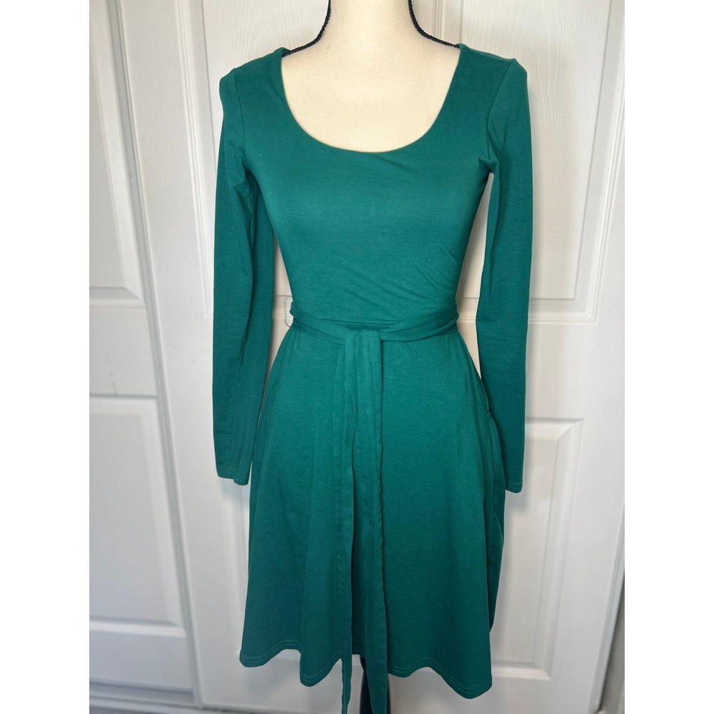 Pact Teal Green Long Sleeve Belted Dress Organic Cotton Women's XS‎ Minimalist